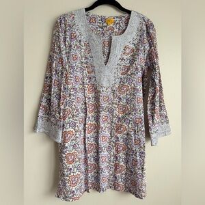 Roberta Roller Rabbit 100% Cotton Floral Print Embroidered Tunic Blouse Small S